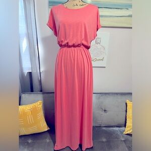 Women’s Hide Belly Work Casual Long Blouson Dress with Pockets in Large Coral